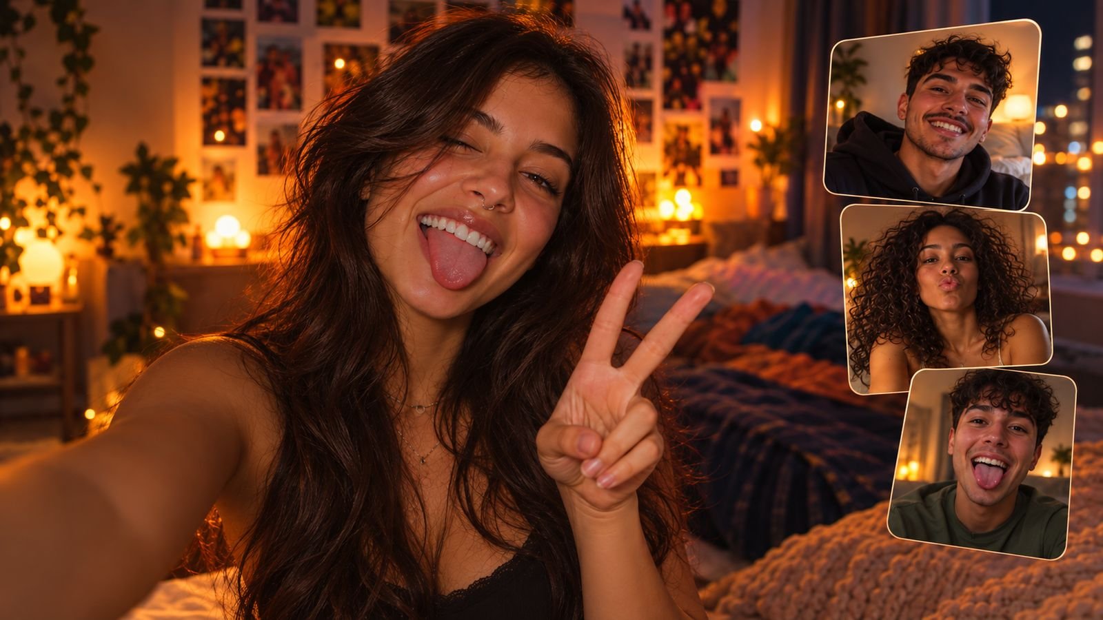 Jovem fazendo selfie numa chamada de vídeo do GoVideoChat, com outras pessoas conectadas ao lado